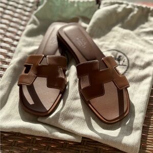Hermes Brown Oran Leather Slide Sandals